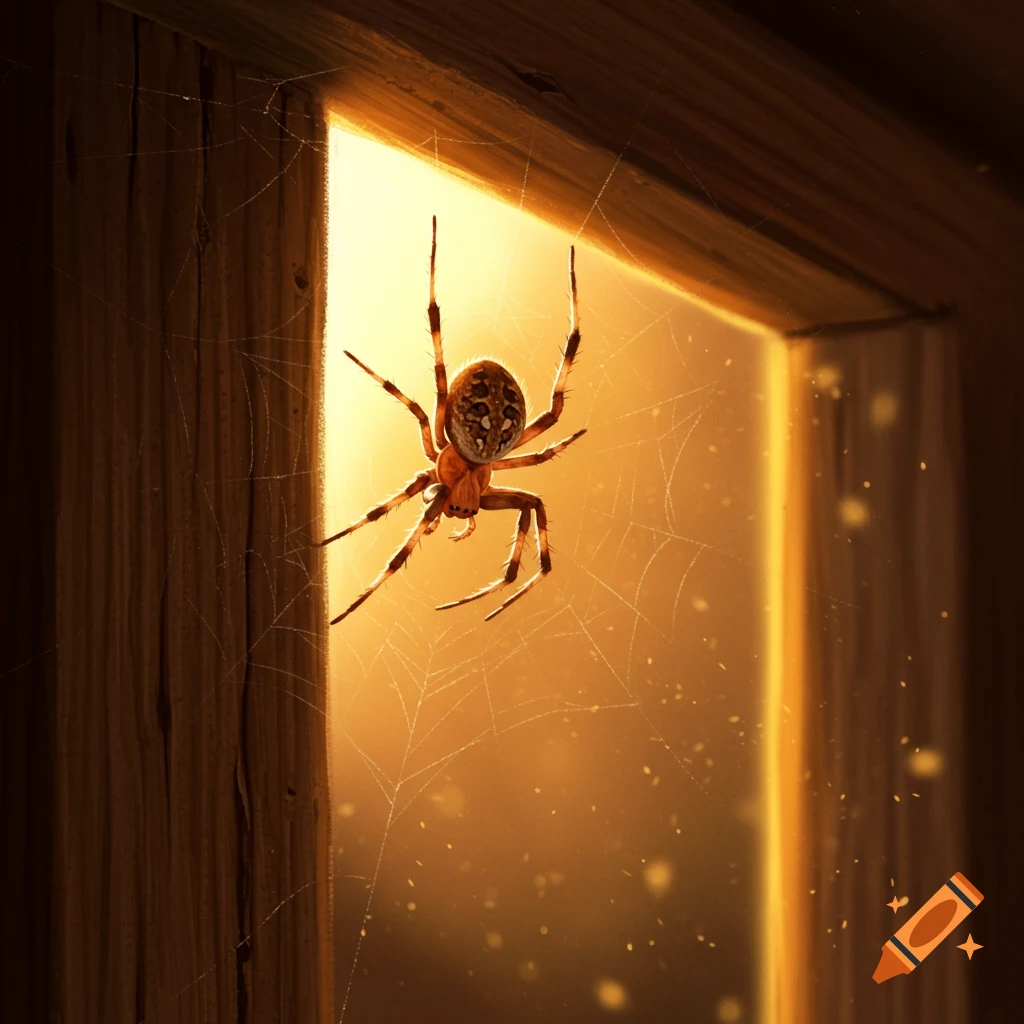 Detailed illustration of a barn spider in its web, illuminated by warm sunlight filtering through a doorway.