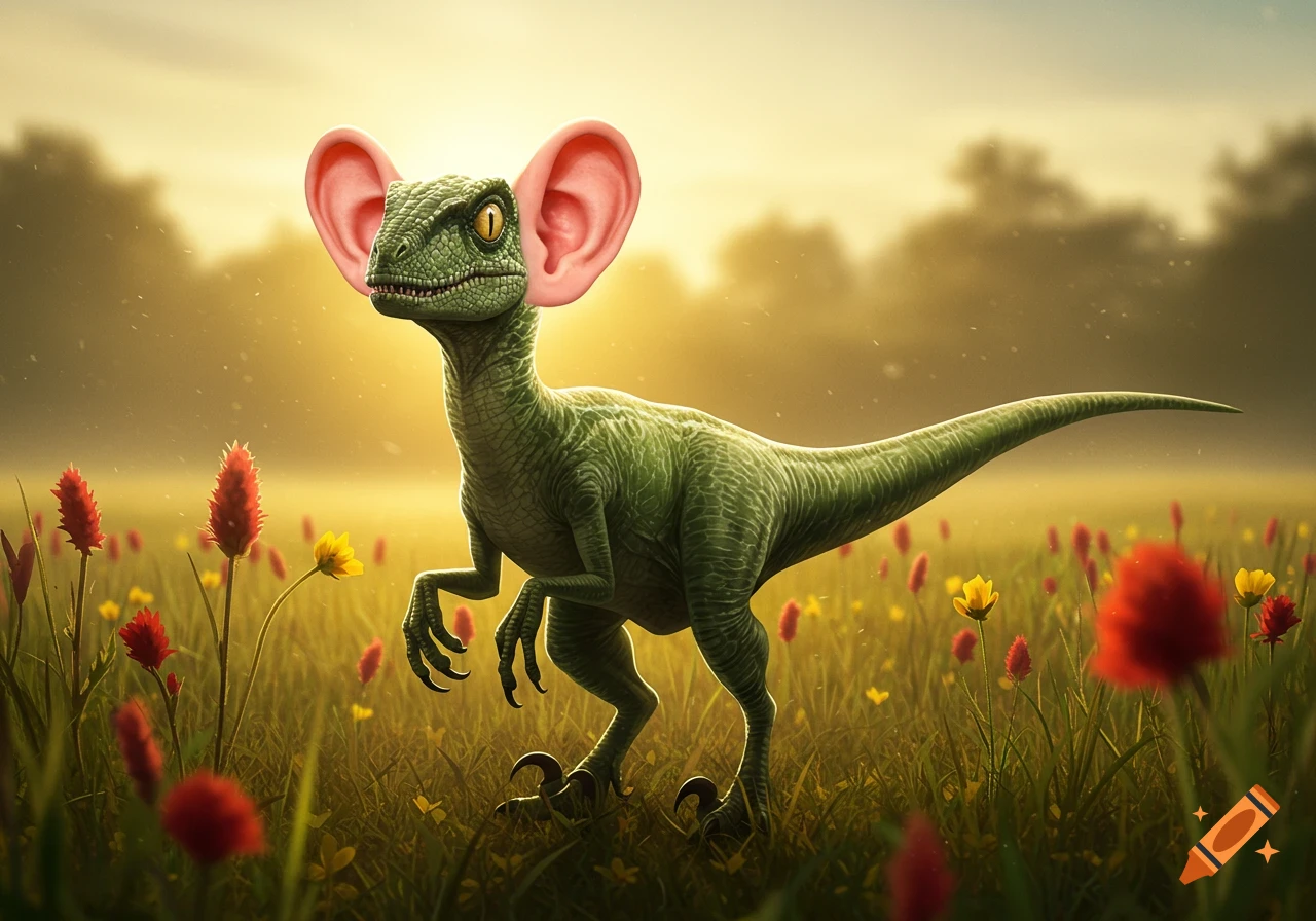 Photorealistic green raptor with large pink human ears standing in a sunlit field of red and yellow flowers.