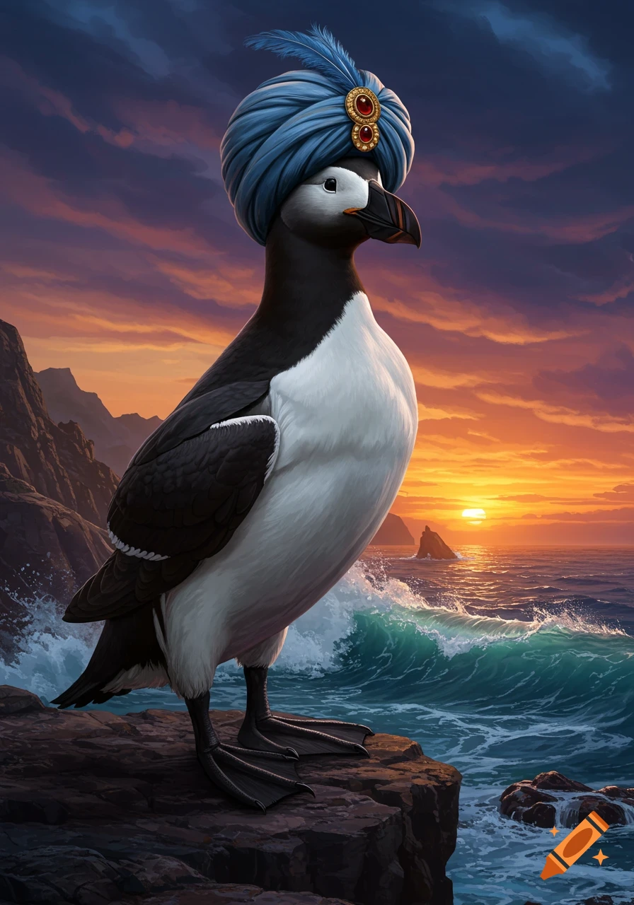 A great auk wearing a blue turban stands on a rocky coast overlooking a vibrant sunset over the ocean.