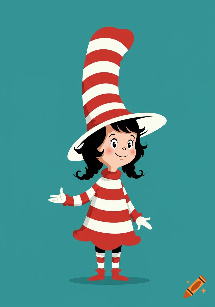 A cartoon girl in Dr. Seuss style, wearing a red and white striped hat and dress, stands on a teal background.