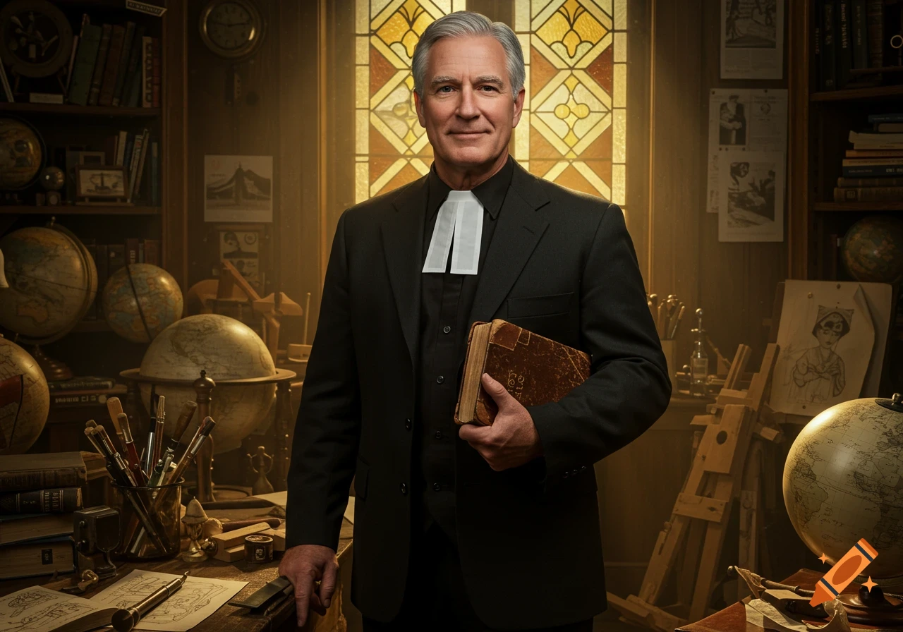 A distinguished older man with gray hair, dressed as a pastor in a suit and clerical collar, smiles while holding a large, old book. He stands in a dimly lit study with globes, books, and various academic tools.