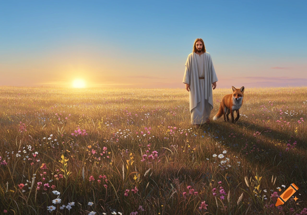 Jesus in a white robe stands with a red fox in a golden meadow filled with wildflowers at sunset, photorealistic style.