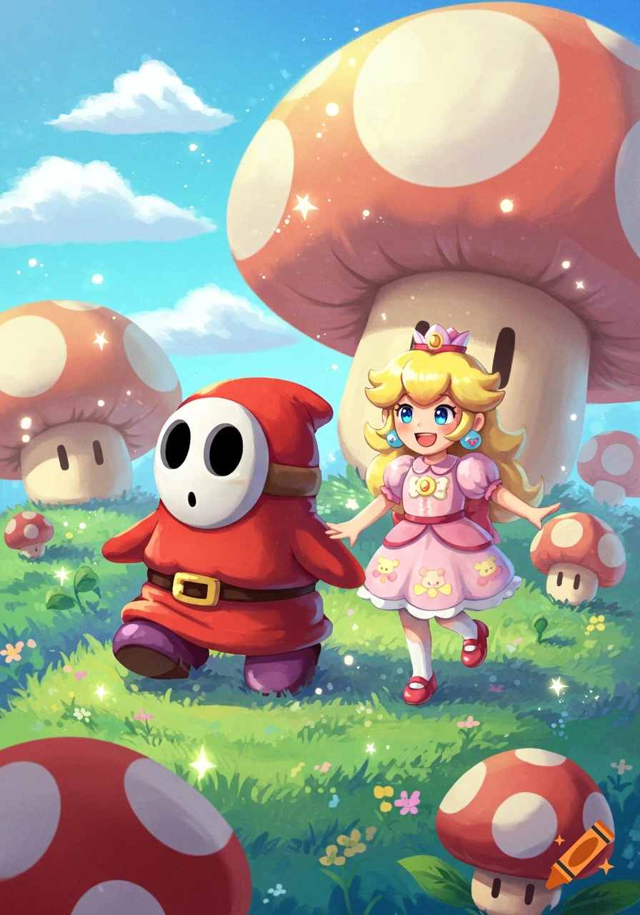 A cartoon Shy Guy and Princess Peach walk through a bright, whimsical field filled with large, red-spotted mushrooms under a blue sky.