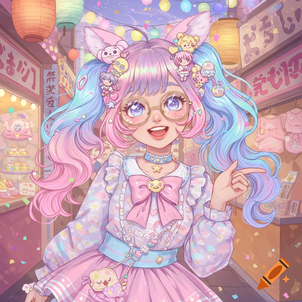 An anime girl with pastel pink and blue hair, wearing glasses and a decora fashion outfit, smiling in a vibrant Japanese street market.