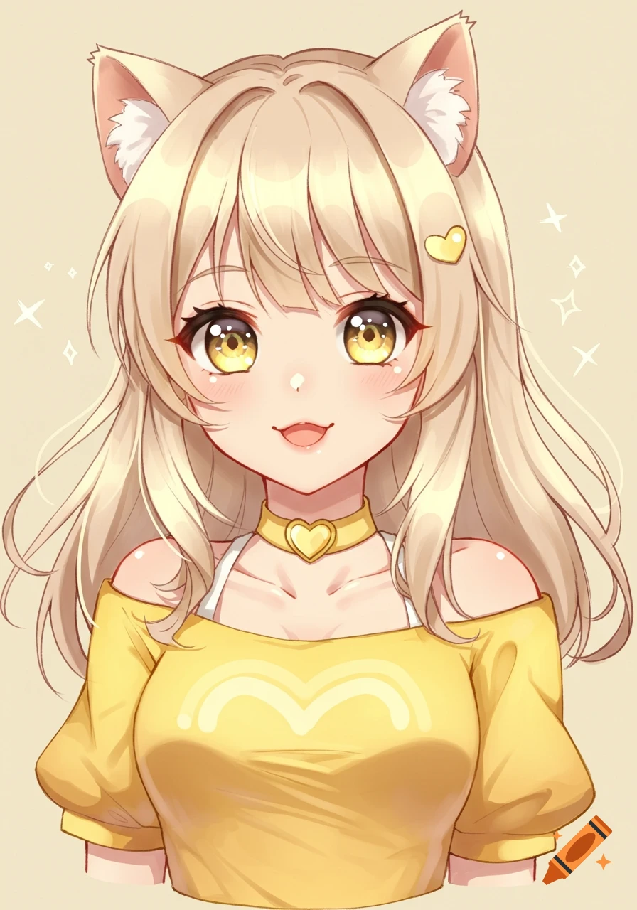 An anime drawing of a blonde catgirl with yellow eyes, wearing a yellow heart collar and a yellow off-shoulder shirt.