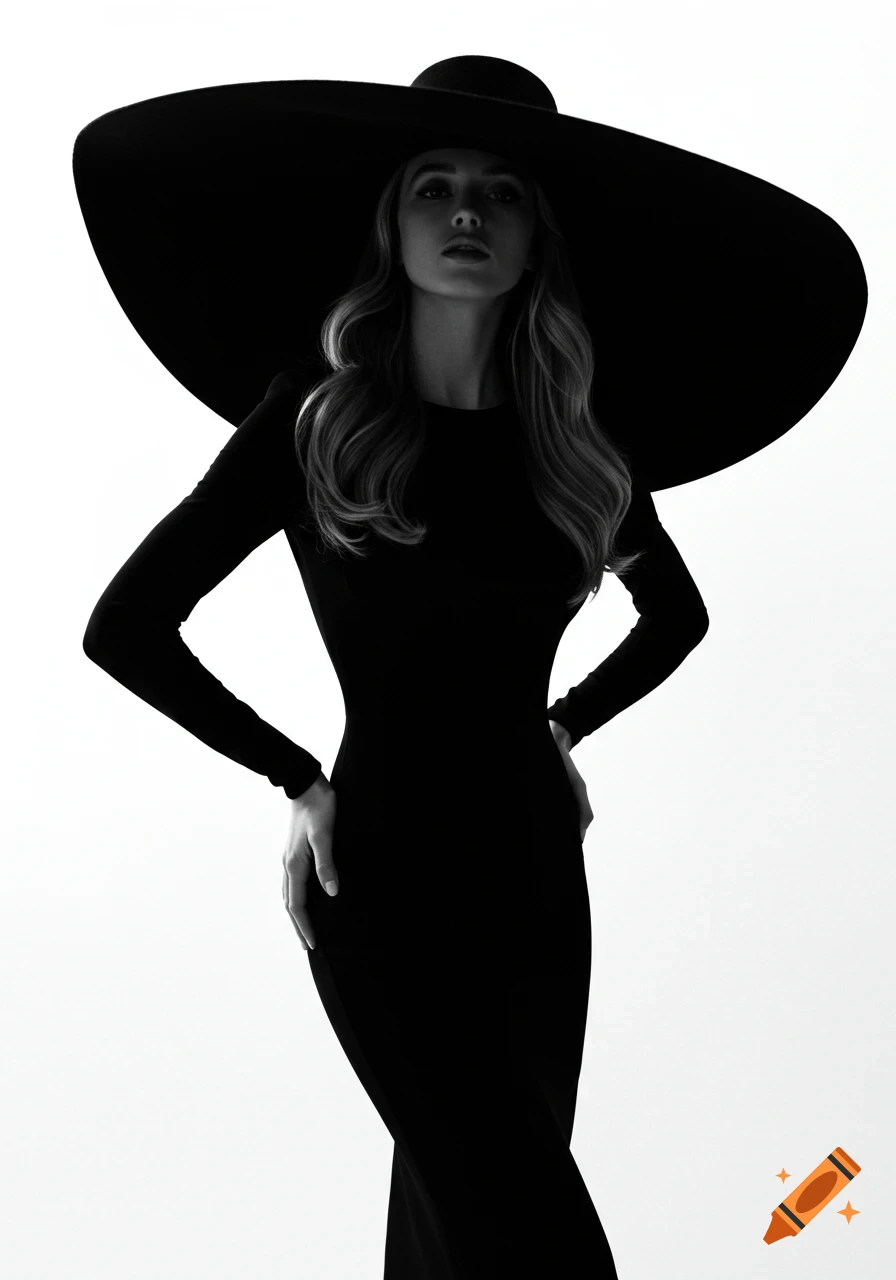 A black and white portrait of a woman in a long black dress and a wide-brimmed hat, hands on hips, with a minimalist, high-contrast style.