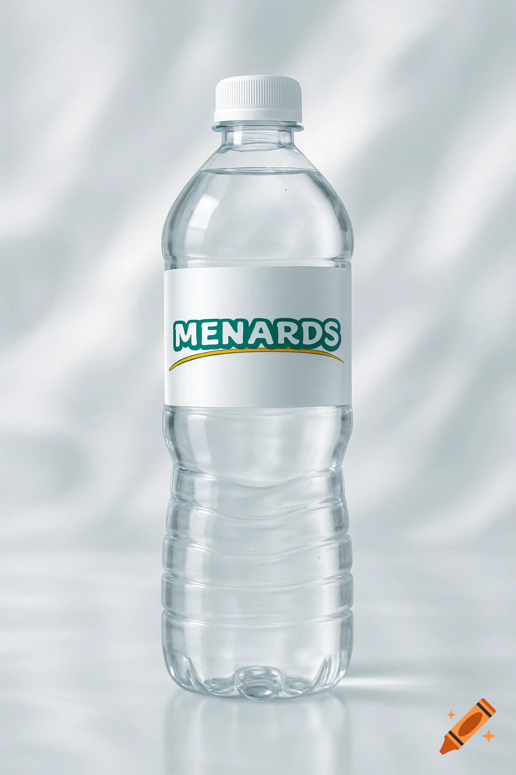 A clear plastic water bottle with a white label featuring the green 'MENARDS' logo and a yellow curved line beneath it, set against a blurry light background.