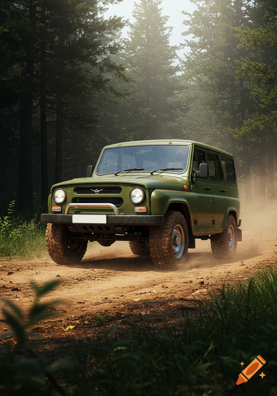 Green UAZ Hunter driving on a dirt road through a sunlit forest, creating a dust trail.