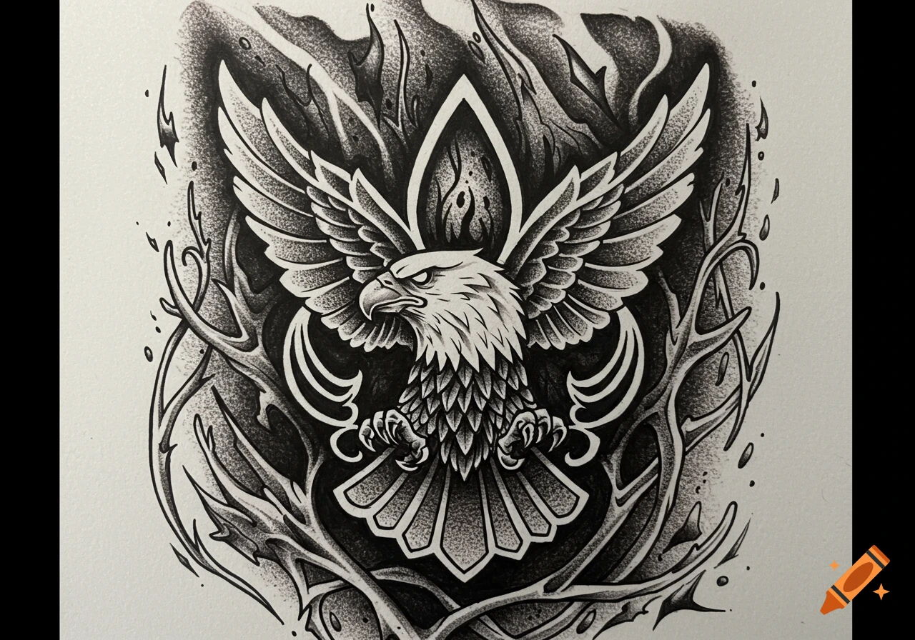 Black and white illustration of an eagle with spread wings in a stylized blackwork and dotwork tattoo style.