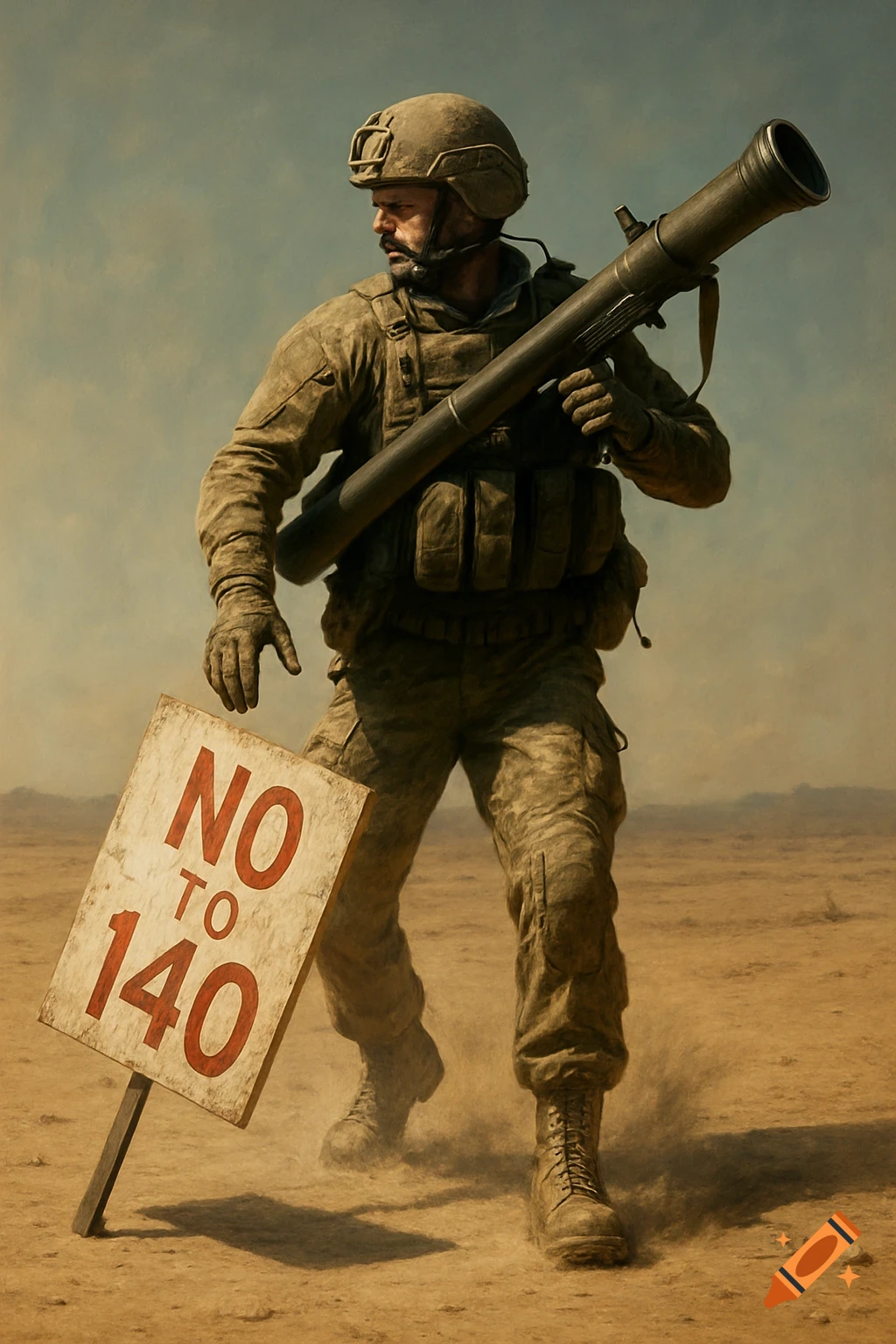 Soldier in desert fatigues and helmet carries a rocket launcher next to a sign reading 'NO TO 140'.