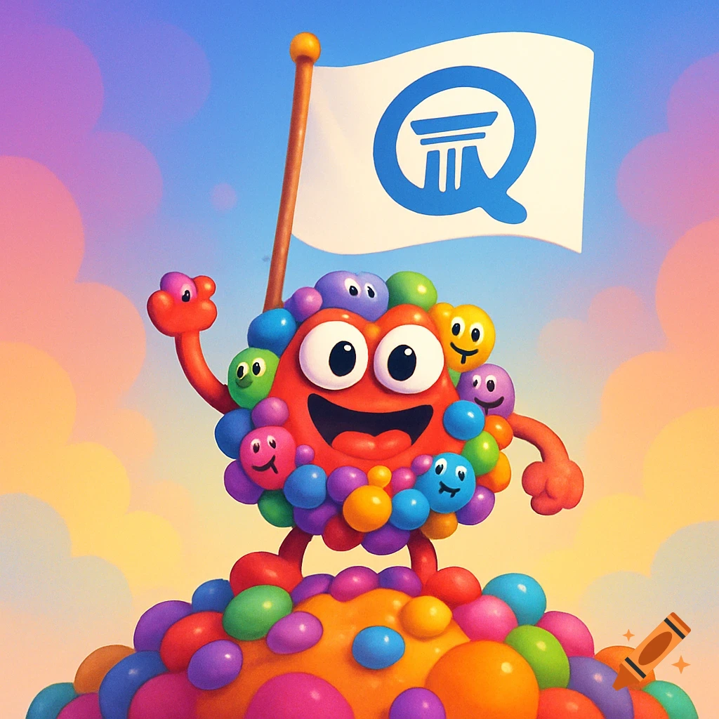 A colorful, whimsical candy mascot made of smiling candy creatures, standing on a hill and holding a flag with a Q-pillar logo.