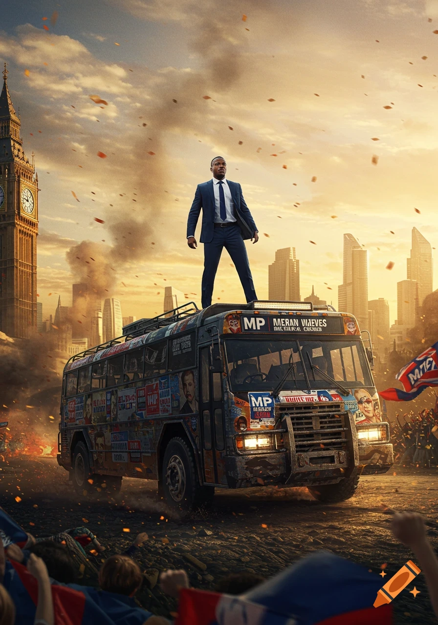 A man in a suit stands atop a rugged bus, driving through a chaotic city scene with a prominent clock tower and dusty sky.