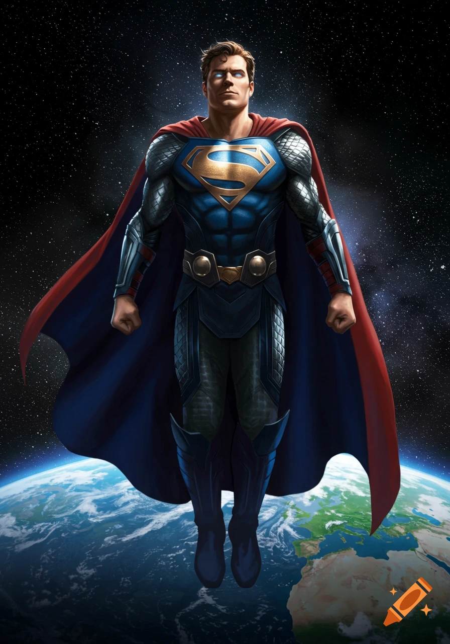 A powerful superhero, a fusion of Superman and Thor, in detailed blue and gold armor with a red cape, hovers above Earth in space.