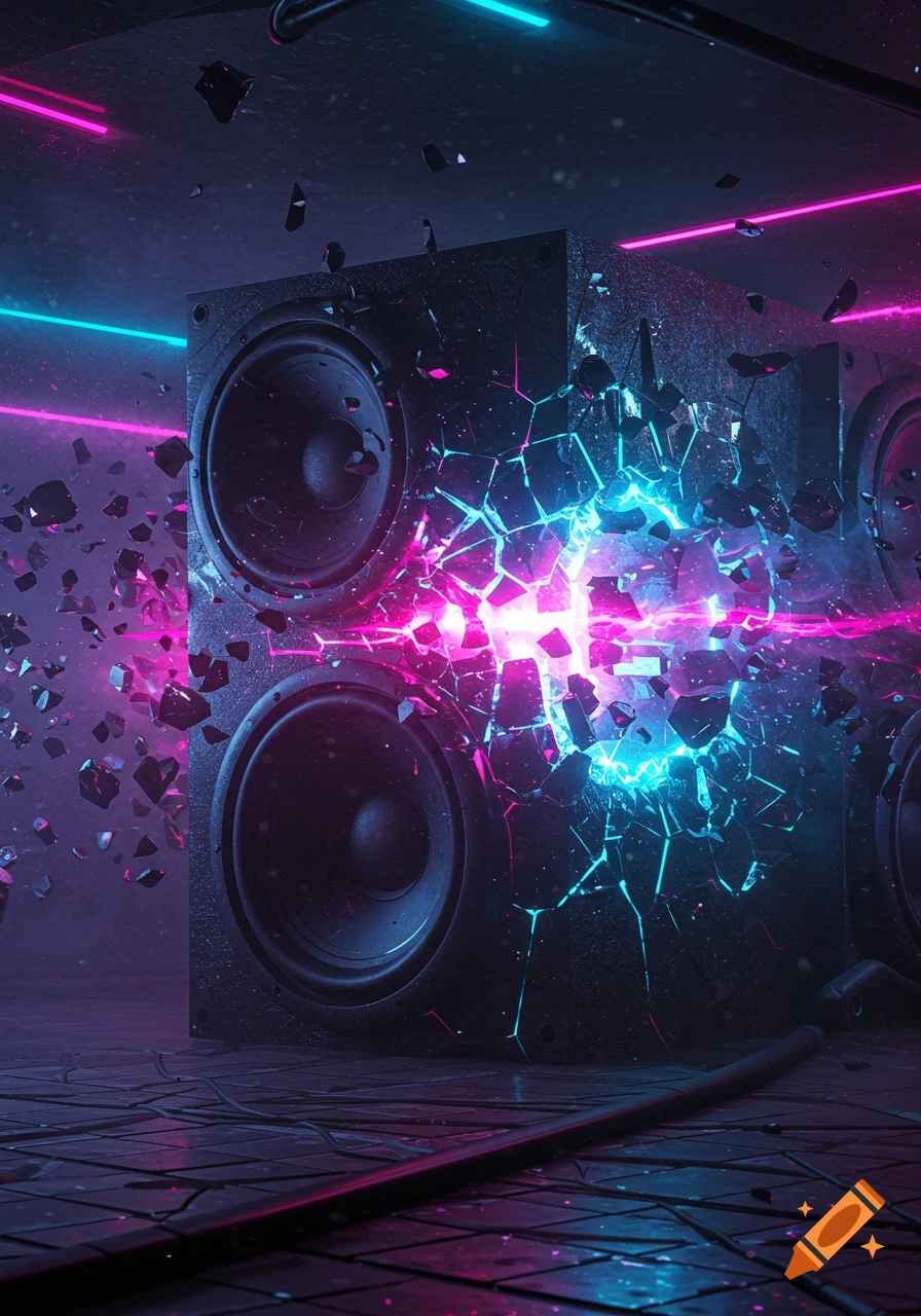 Large subwoofers exploding with vibrant pink and blue neon light, shattering into pieces in a dark, futuristic room.