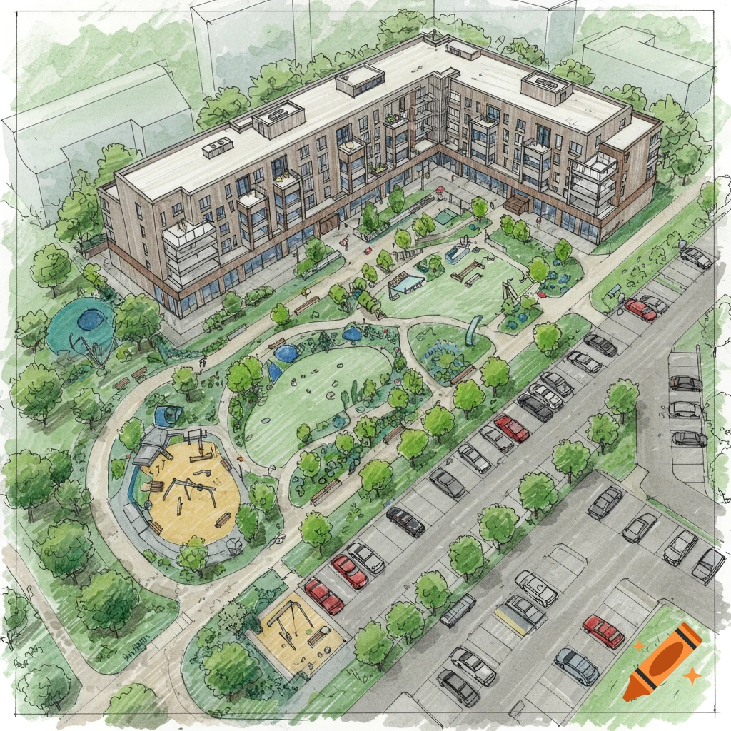 Aerial sketch of an apartment complex with a central park, playground, and surrounding parking lots.