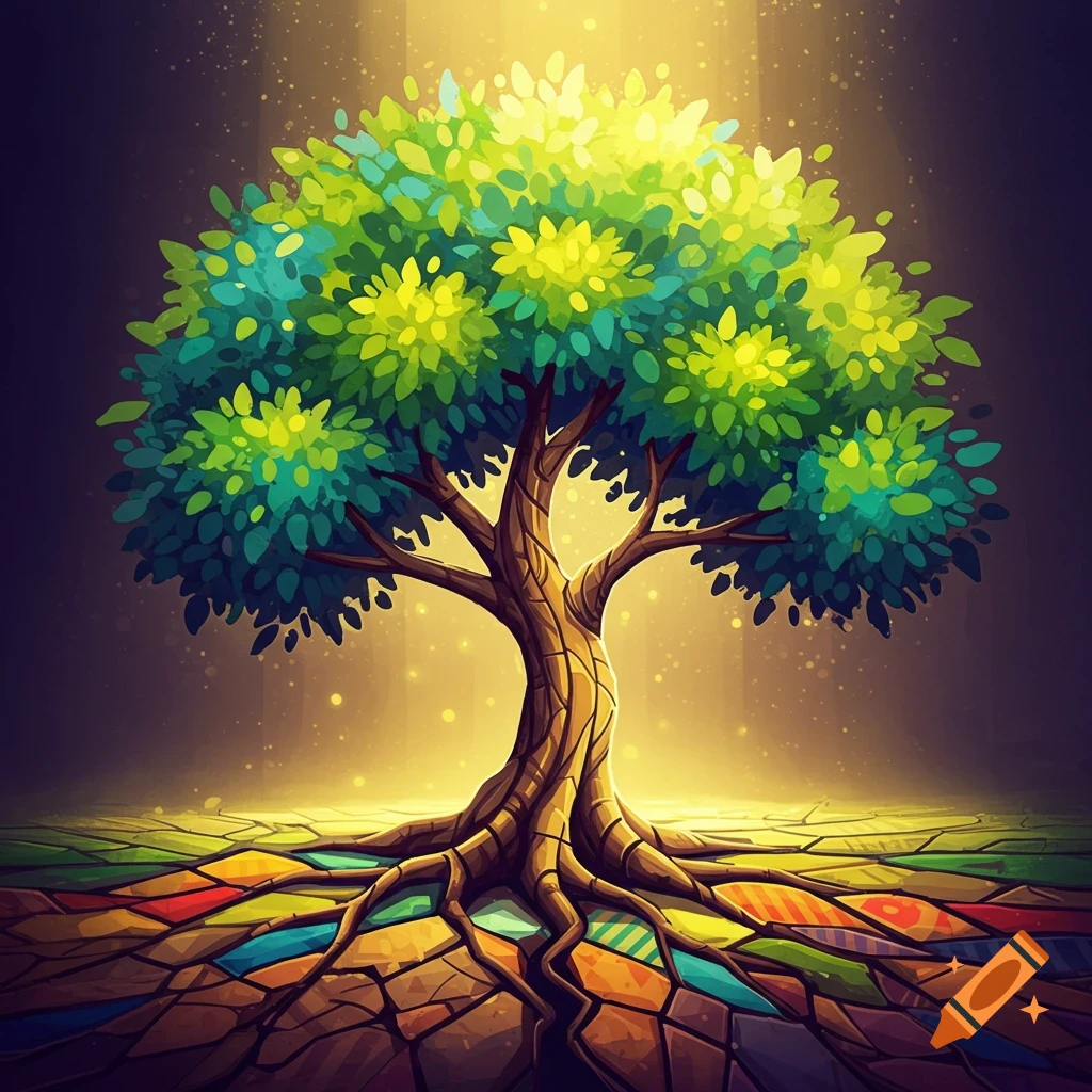 A vibrant, stylized tree with a thick trunk and exposed roots, featuring colorful geometric patterns on the ground and bright green and blue leaves, bathed in glowing light.