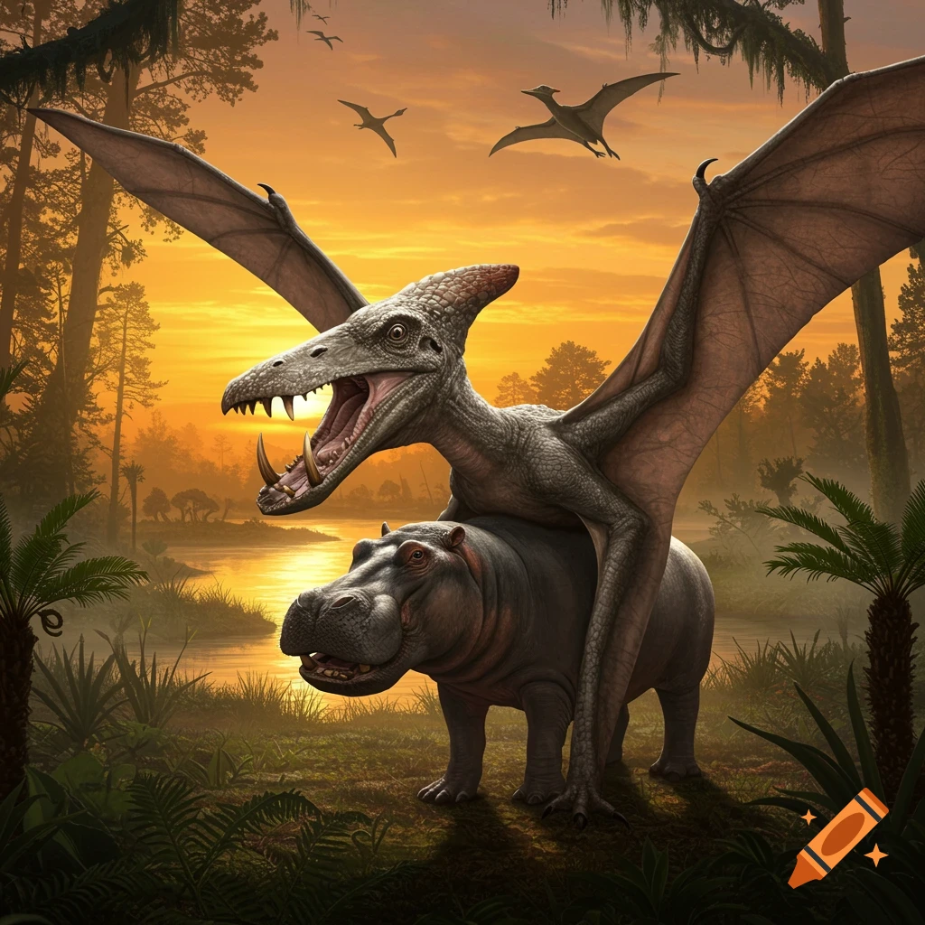 A pterodactyl rides a hippopotamus through a lush prehistoric landscape at sunset with other flying pterodactyls.