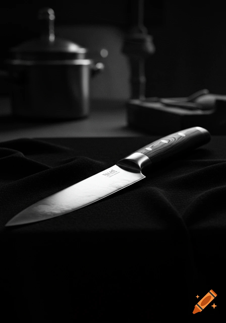 A black and white close-up of a kitchen knife lying on a dark, folded cloth with blurred kitchen items in the background.