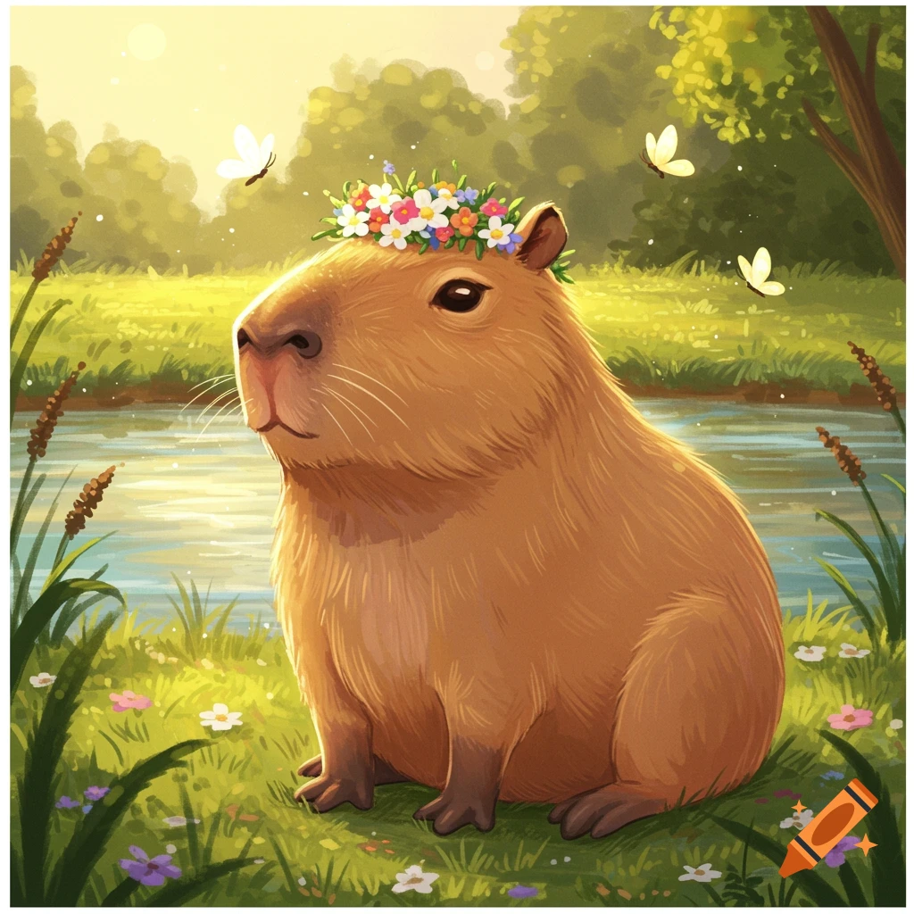 A cute cartoon capybara wearing a flower crown sits by a pond in a sunny, green landscape with butterflies.
