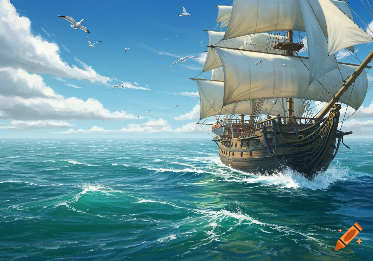 A large sailing ship with white sails cuts through choppy turquoise ocean waters under a partly cloudy blue sky with seagulls flying.