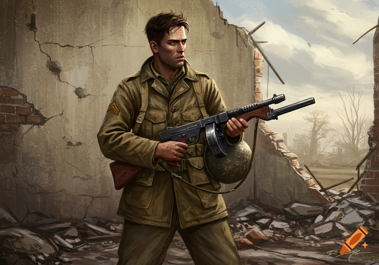 An illustration of a World War 2 US Marine in uniform, holding a Thompson SMG, standing in front of a destroyed wall.