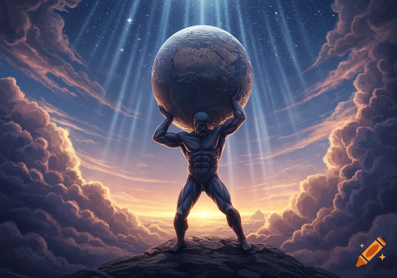 A stylized depiction of Atlas, a muscular figure, holding a large globe above his head on a rocky peak under a dramatic, starlit sky.
