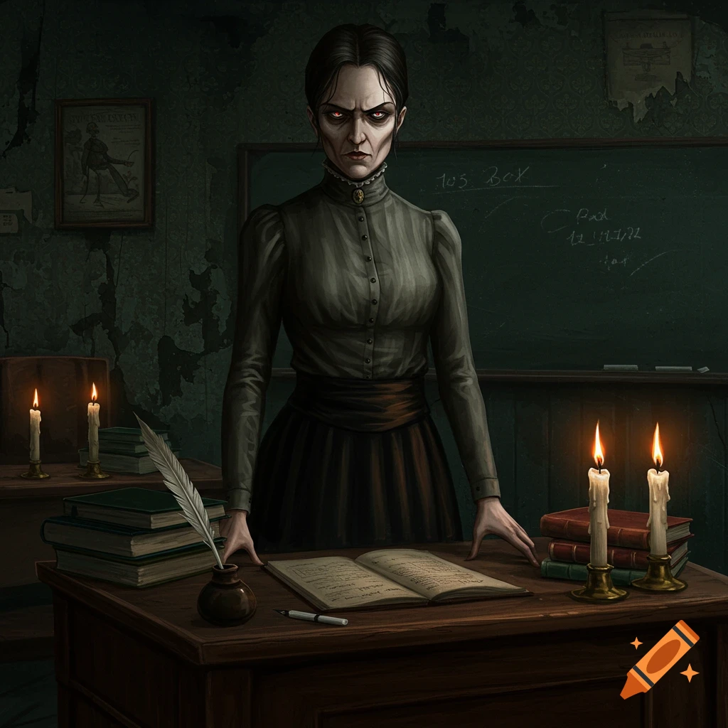 An eerie woman with glowing red eyes stands behind a desk in a dark, old classroom with candles and books.