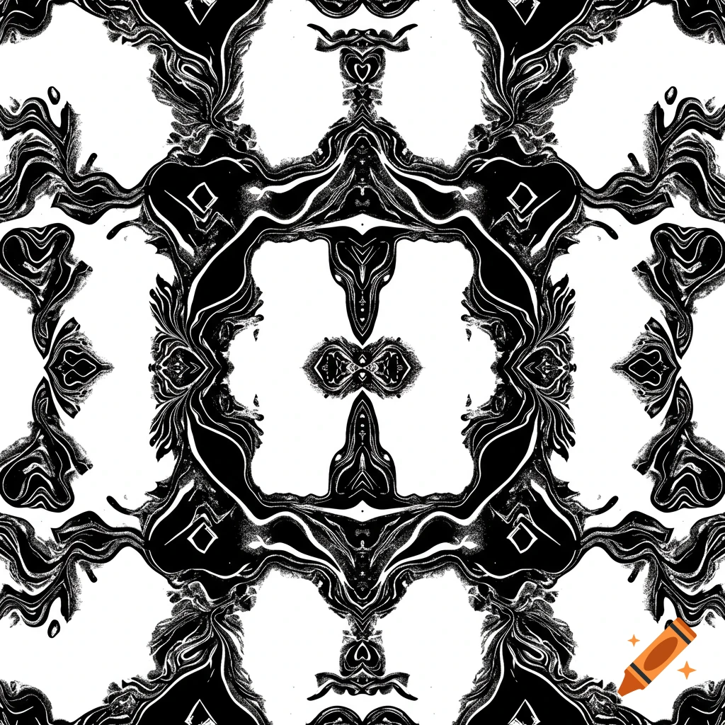 A high contrast, symmetrical black and white abstract pattern with swirling, organic shapes in a lattice formation.