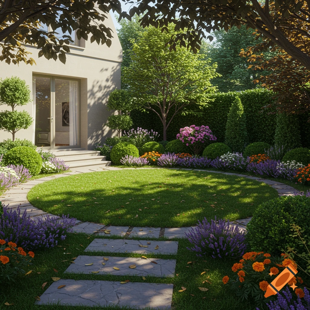 A photorealistic image of a beautifully designed home garden with a circular lawn, stone path, and vibrant flowers and shrubs surrounding it.