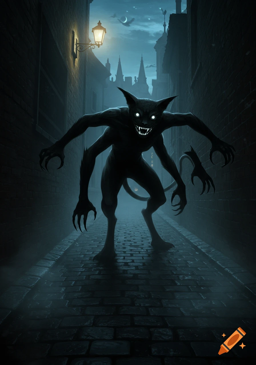 A four-armed, black cat-like monster with glowing white eyes and sharp fangs stands in a misty, dark alley at night under a crescent moon.
