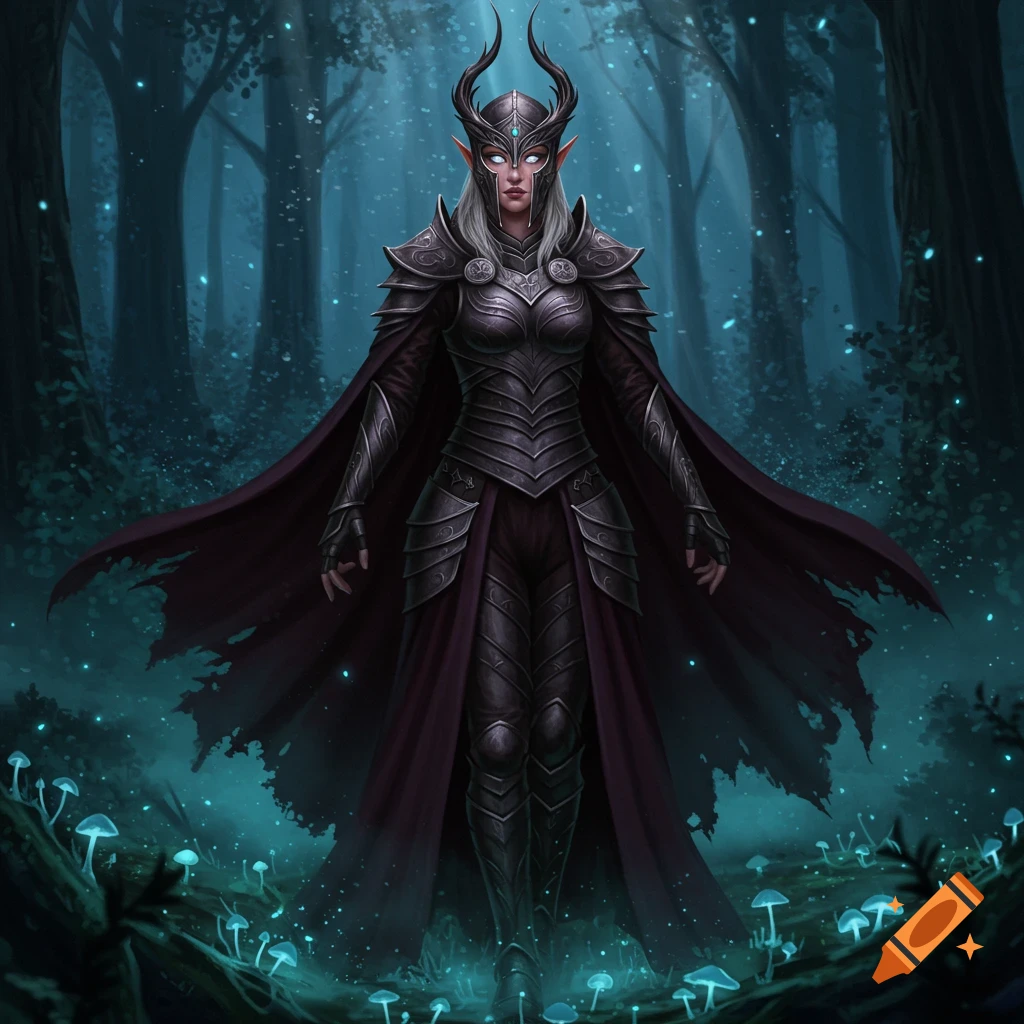 An elven woman in dark horned plate armor and a cape stands in a mystical forest with glowing blue mushrooms.