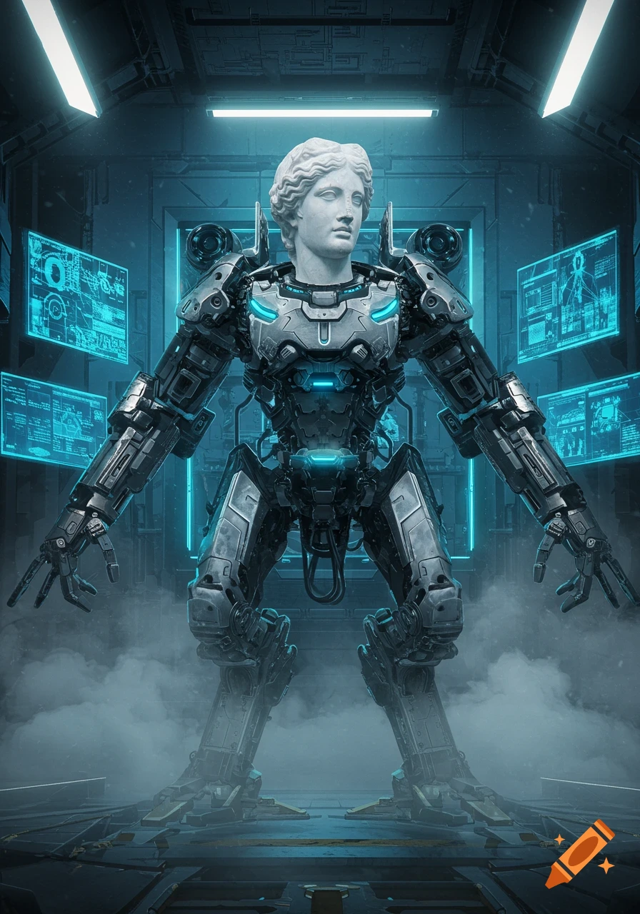 A detailed, full-body shot of a humanoid military robot with a white marble statue head, glowing blue lights, standing in a futuristic, dark room with screens and smoke.
