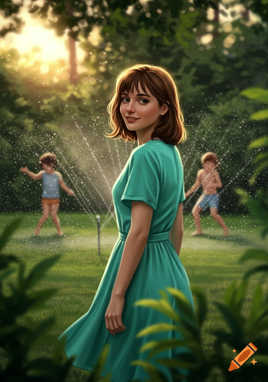 A smiling woman in a mint dress looks over her shoulder in a sunny garden as two children play in sprinklers in the background. Soft digital art style.