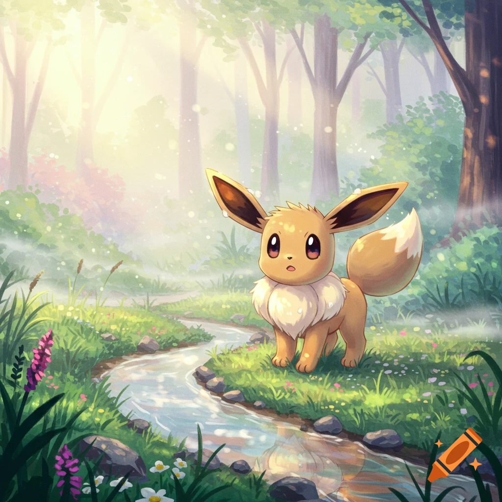 A cute Eevee stands beside a stream in a sun-dappled forest with green grass and colorful flowers, in an animated style.