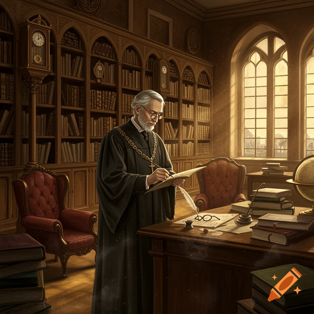 Elderly scholar in a black robe writing with a quill at a desk in a grand library filled with books.