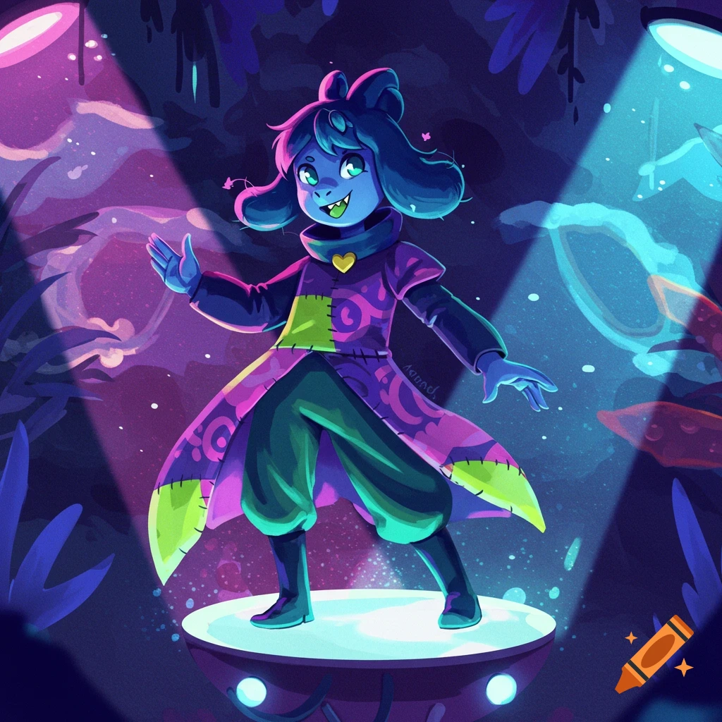 A cartoon character with blue skin, green hair, and a yellow heart stands on a glowing platform under spotlights in a dark, whimsical forest.