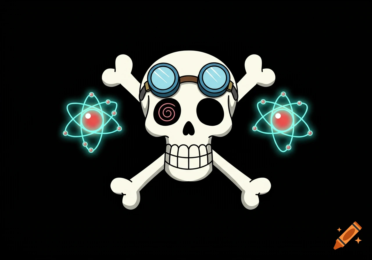 A cartoon-style skull with lab goggles on its forehead and a spiral in one eye socket, with two glowing atomic orbital symbols crossing behind it like bones, all on a black background.