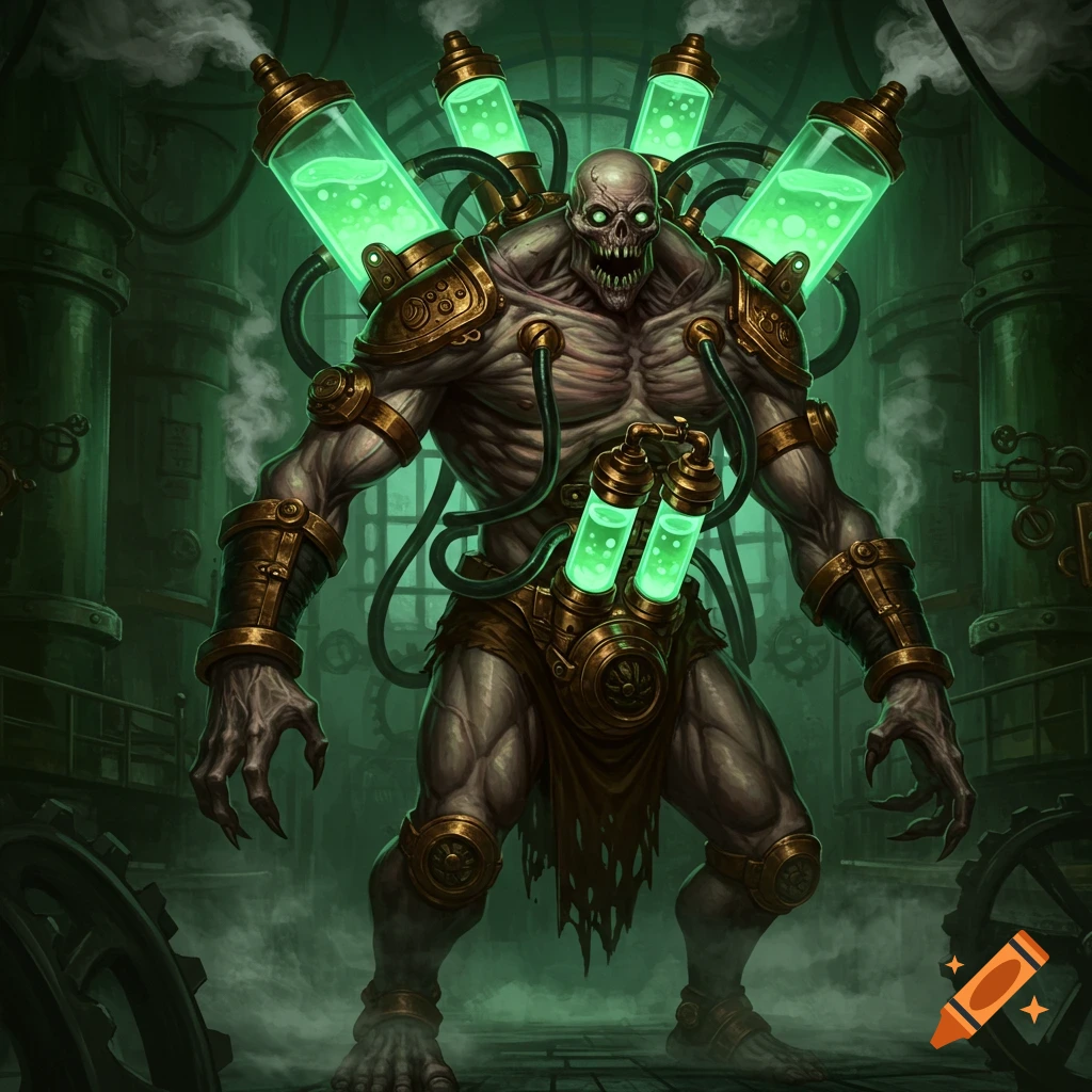 A muscular, ghoul-like steampunk creature with glowing green vials and tubes on its back stands in a dark, industrial setting.