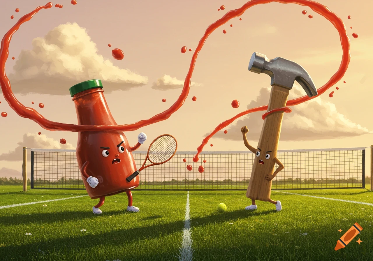 A cartoon tomato sauce bottle with a tennis racket plays against a hammer on a green tennis court as red sauce splashes around.