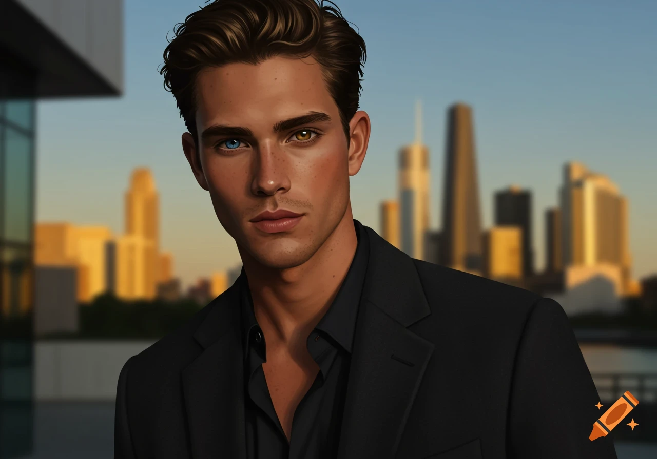 Stylized portrait of a man with heterochromia, wearing a black blazer, against a blurred city skyline at sunset.