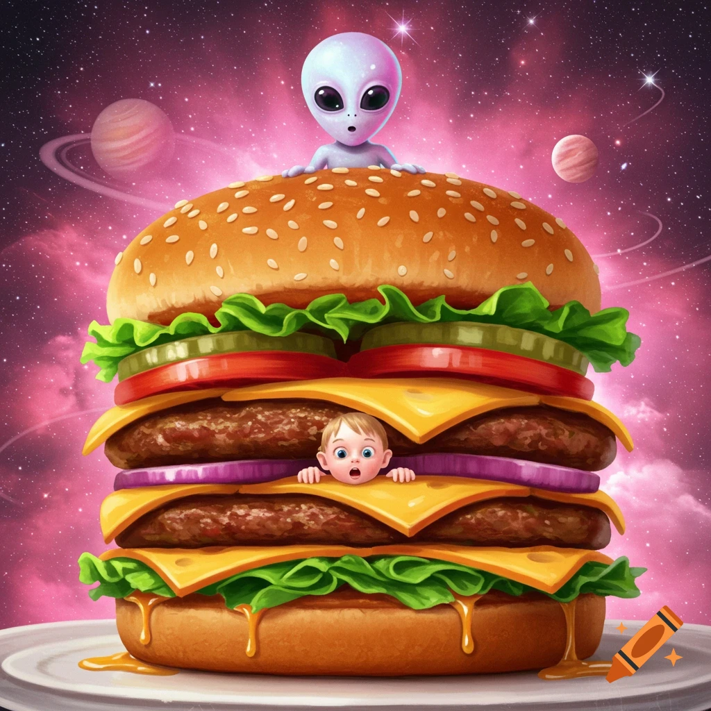Cartoon alien on a giant burger with a baby peeking out, set against a pink cosmic background.