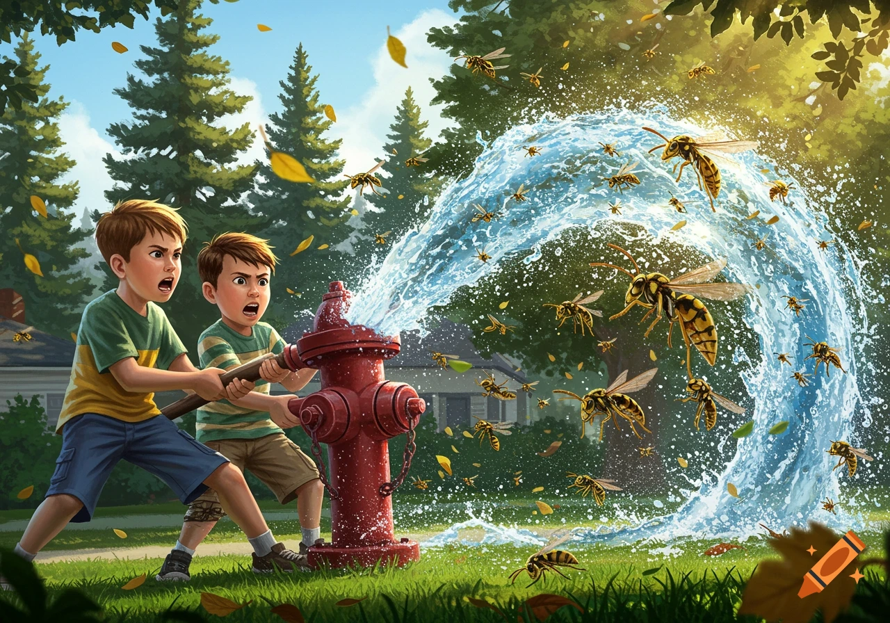 Two wide-eyed boys spray a large stream of water from a fire hydrant at a huge swarm of attacking wasps in an illustrative style.