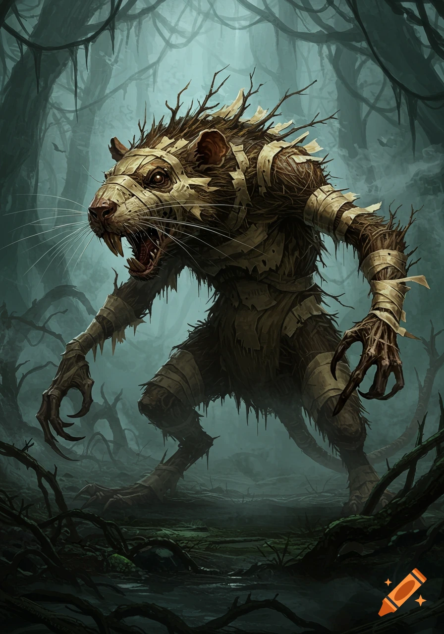 A monstrous rat-like creature made of sticks and twine, with bared teeth and claws, stands in a dark, misty swamp.