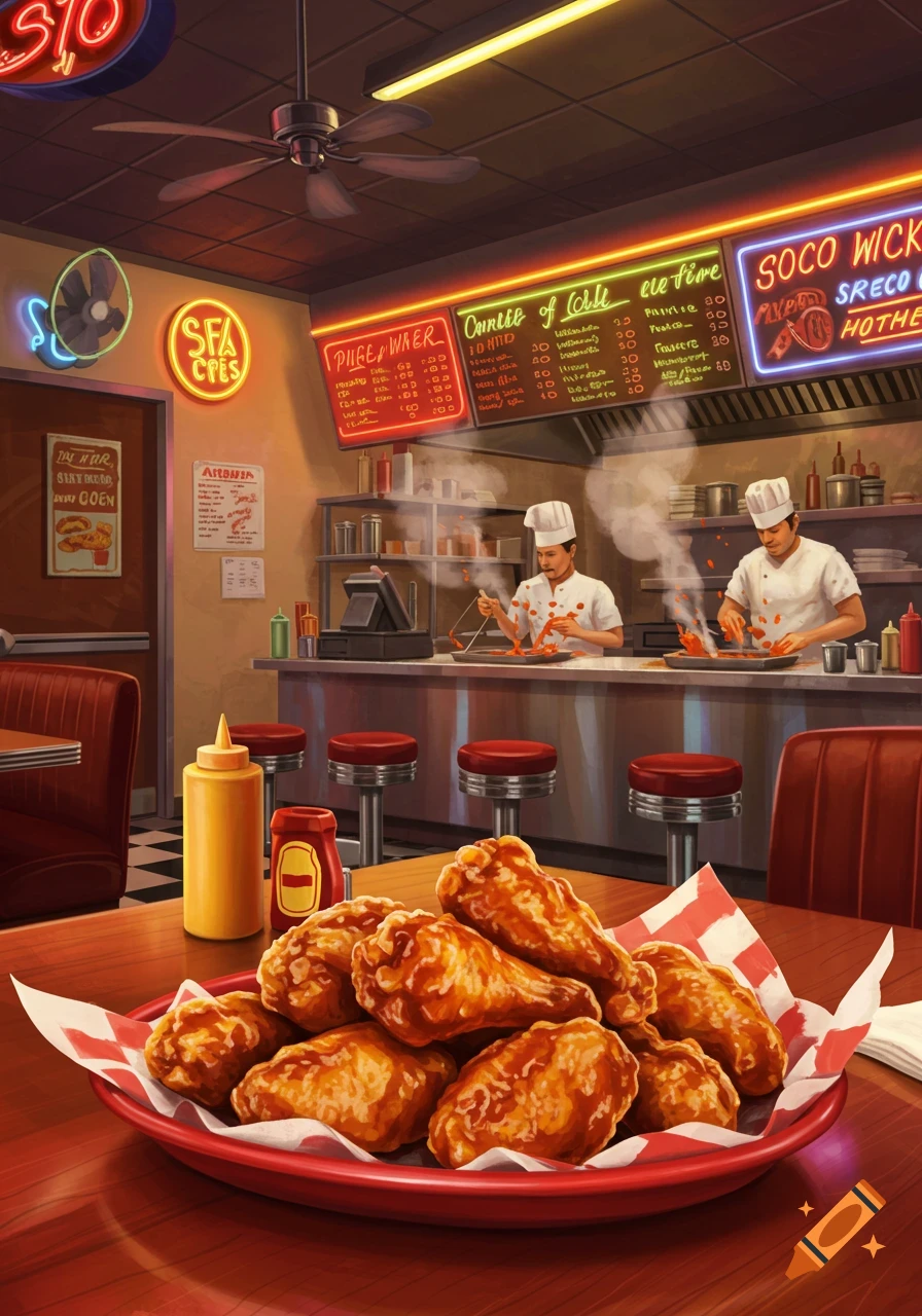 Digital art illustration of a plate of crispy chicken wings in a diner setting, with chefs cooking in the background.