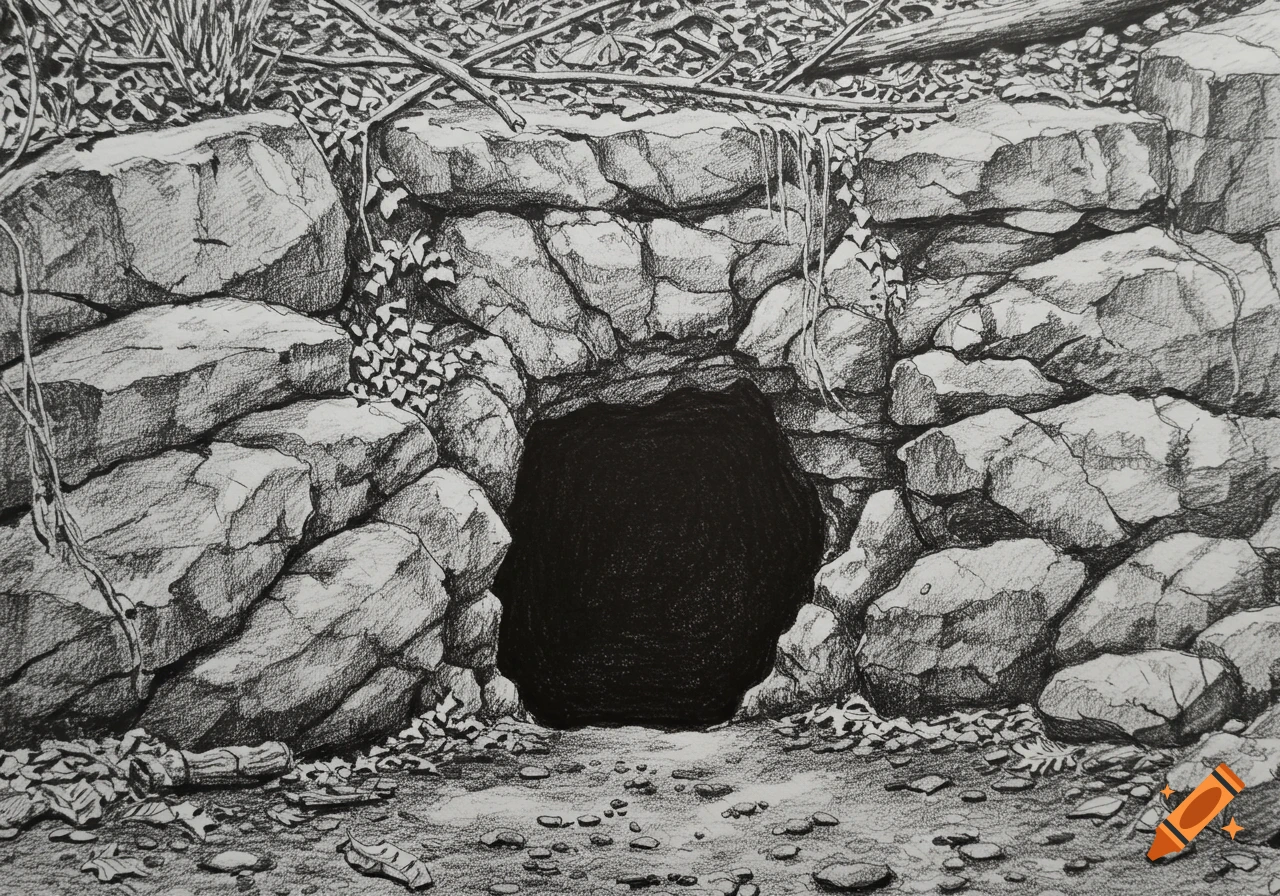 A black and white sketch of a small rocky cave entrance surrounded by sparse foliage and debris.