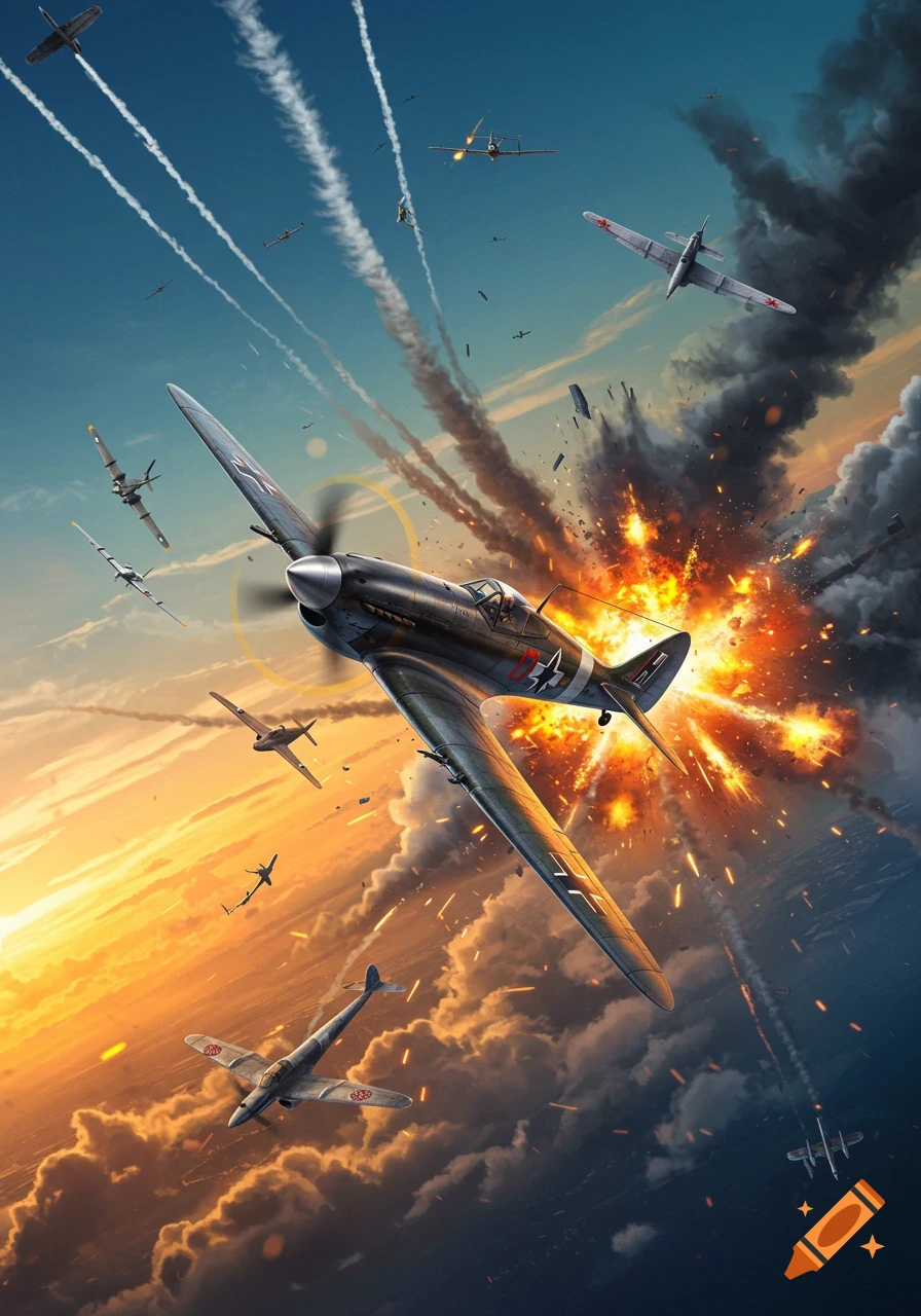 A dramatic aerial dogfight with multiple WWII-era planes, one exploding in a fiery blast amidst smoke trails and a vibrant sunset sky.