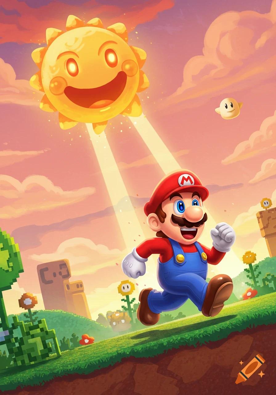Mario running through a colorful, stylized landscape with a smiling sun in the sky and pixelated elements.