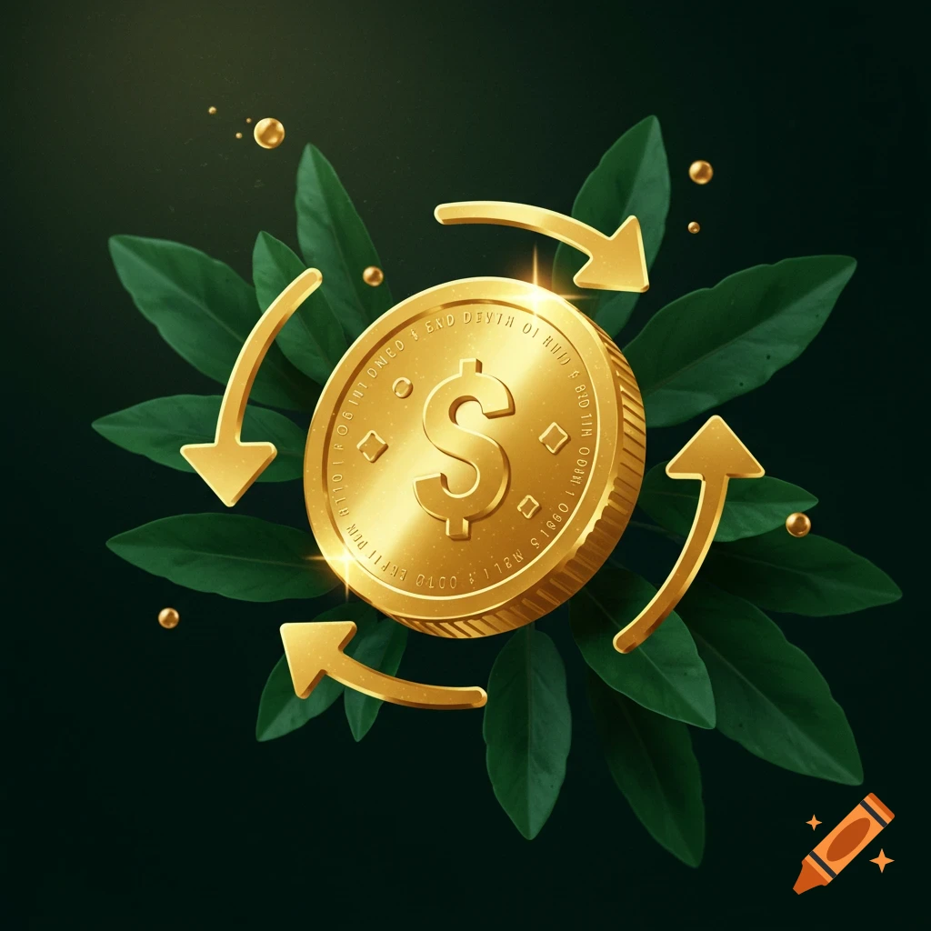 A golden dollar coin with a dollar sign at its center, surrounded by green leaves and four golden arrows on a dark green background.