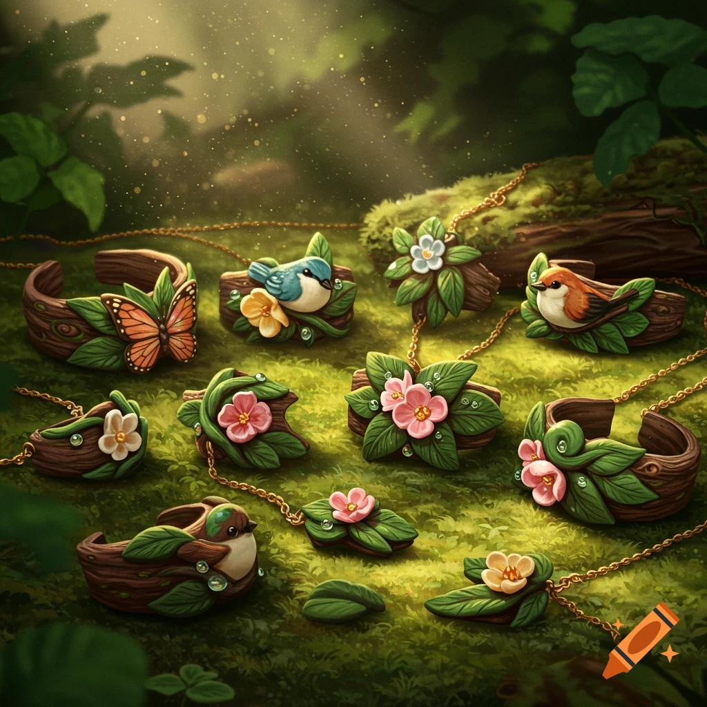 Whimsical clay jewelry featuring birds, butterflies, and flowers on mossy ground in a sunlit forest.