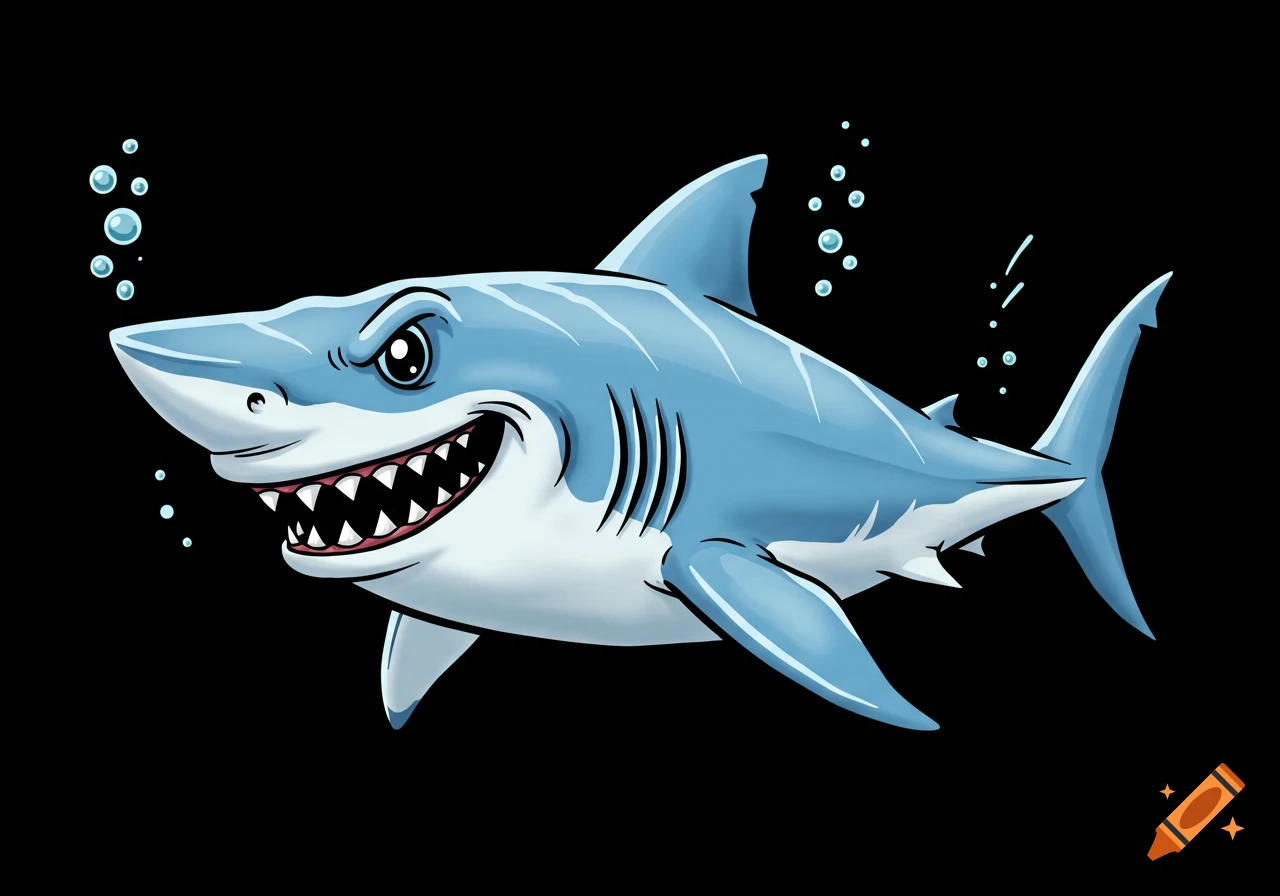 A cartoon great white shark with a wide, toothy grin and angry eyebrows swims with bubbles on a black background.